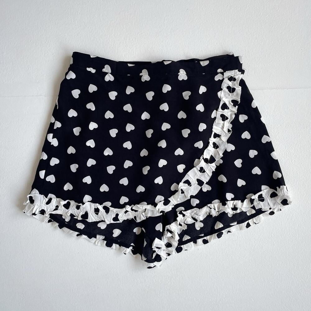 For Love & Lemons Brigitte Ruffle Skort Black & White Hearts S Coquette Pin Up